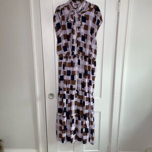 Kate Spade Geometric Patterned Chiffon Dress in Lilac, Brown, and Navy, sz 6